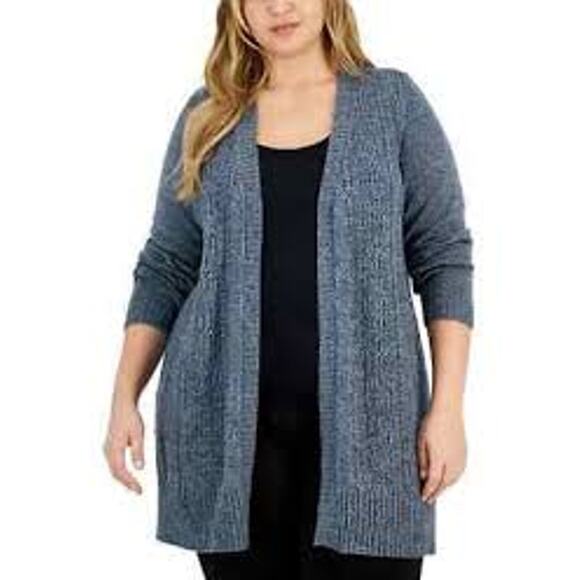 Karen Scott blue and white Mirage Knitted Open Front Cardigan Sweater - Medium - Picture 1 of 10